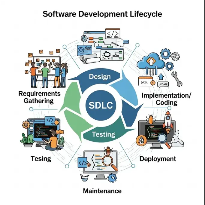 Software development lifecycle from requirements gathering and design through coding, testing, deployment, and maintenance