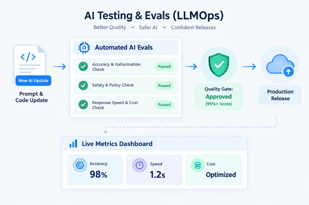 Automated Evals & LLMOps pipeline: running quality test suites before production deployment with continuous accuracy, latency, and cost monitoring.