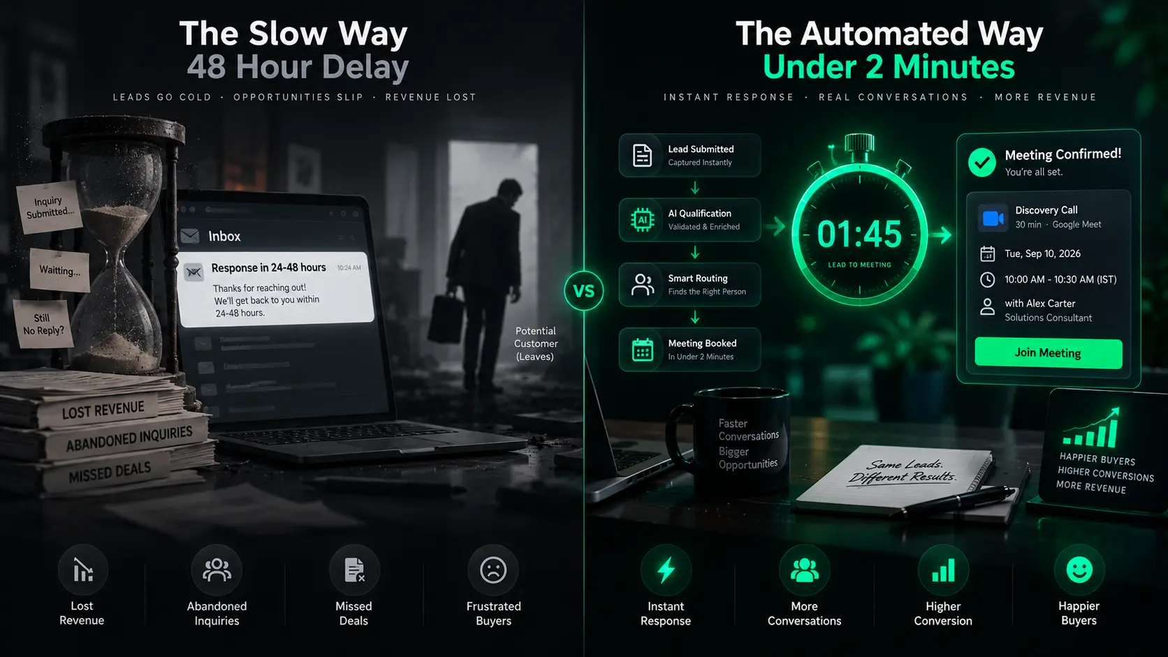 Speed-to-lead comparison: 48-hour manual delays versus instant 2-minute automated scheduling.