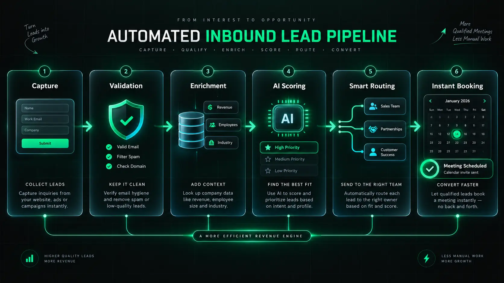 The 6-stage automated inbound lead processing workflow from form capture to calendar booking.