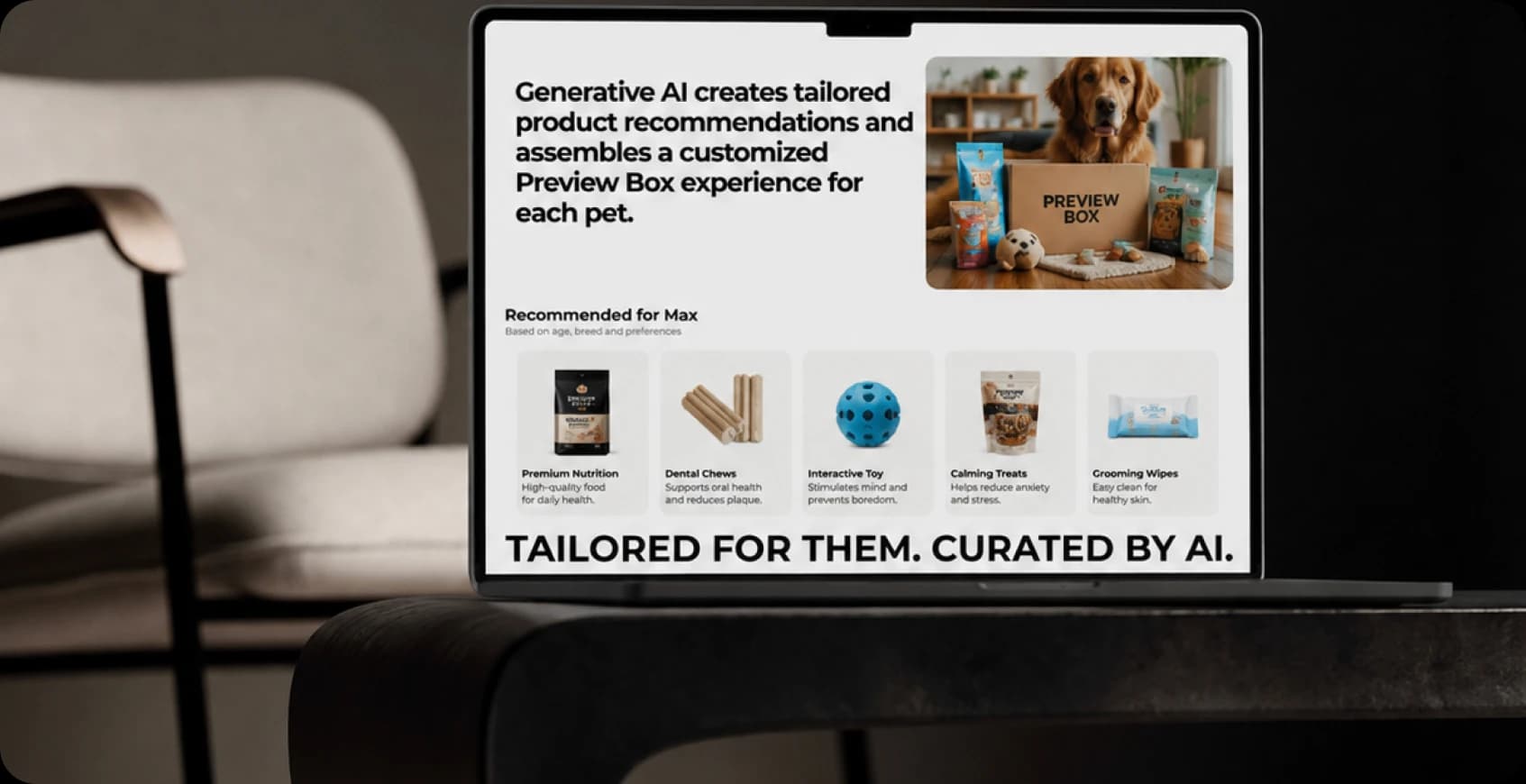Generative AI assembling a tailored preview box for a dog