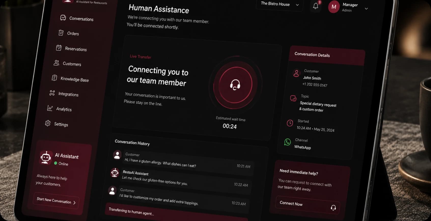 Human handoff workflow for complex restaurant customer requests