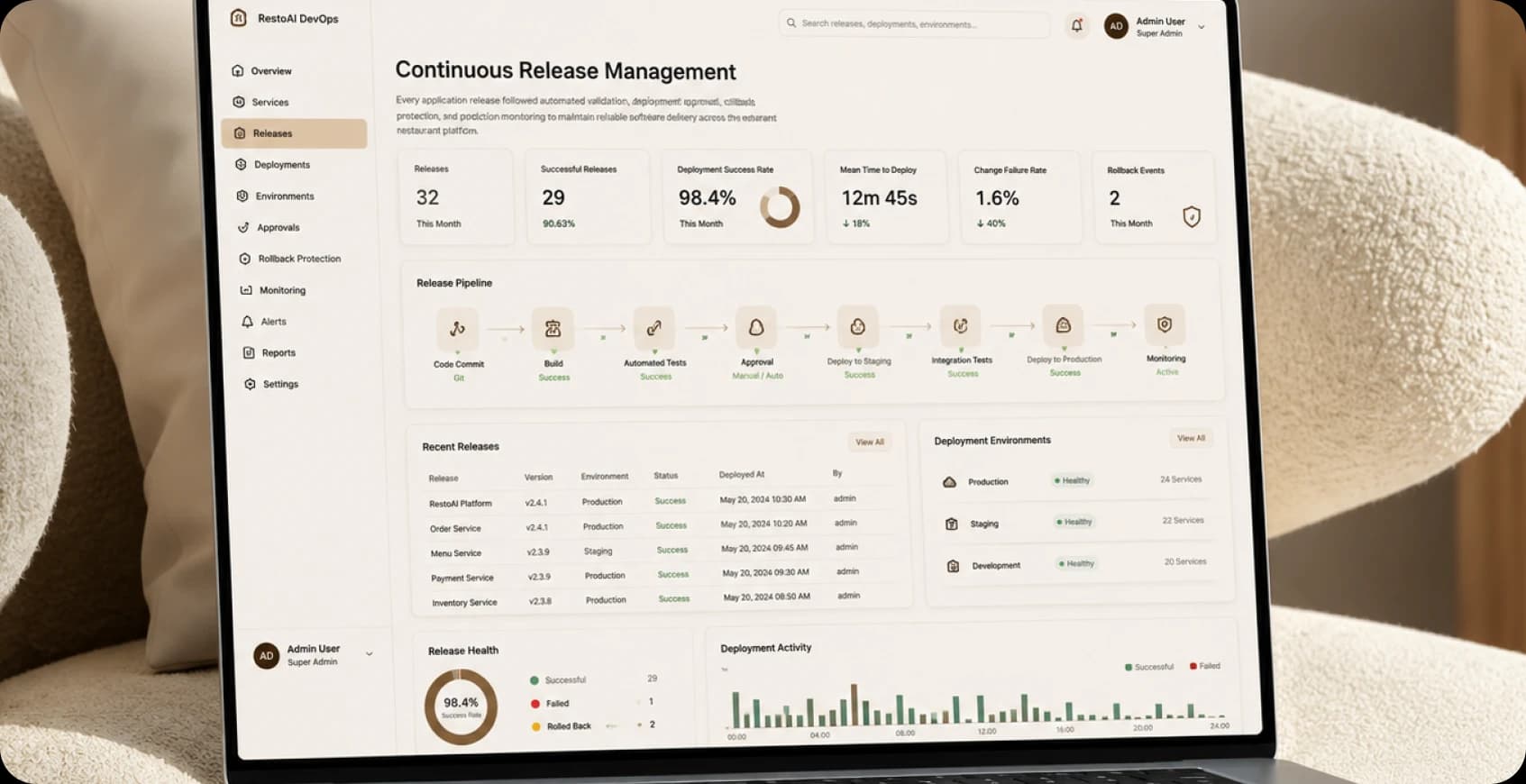 Continuous release management for restaurant applications