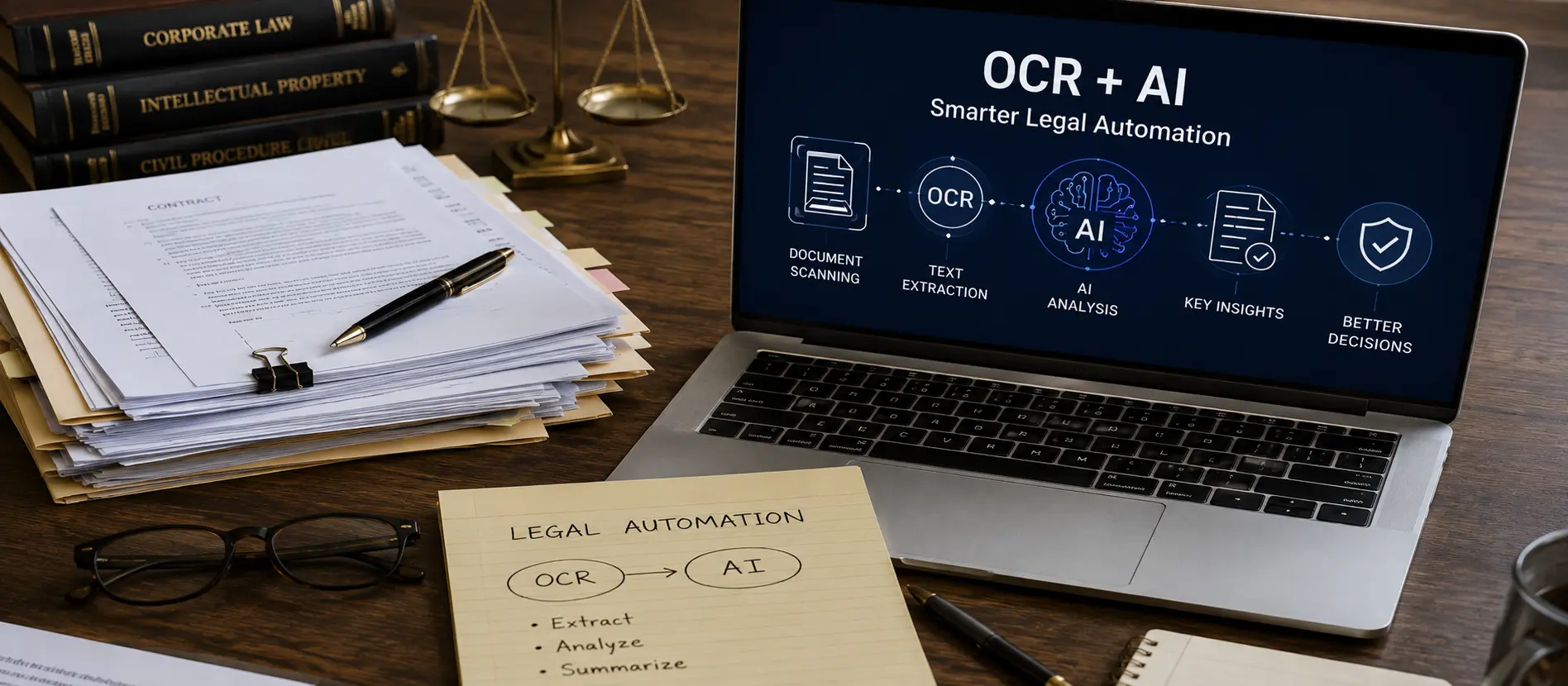 Scanned contracts move through OCR, LLM clause extraction, and structured output into CLM or ERP systems.