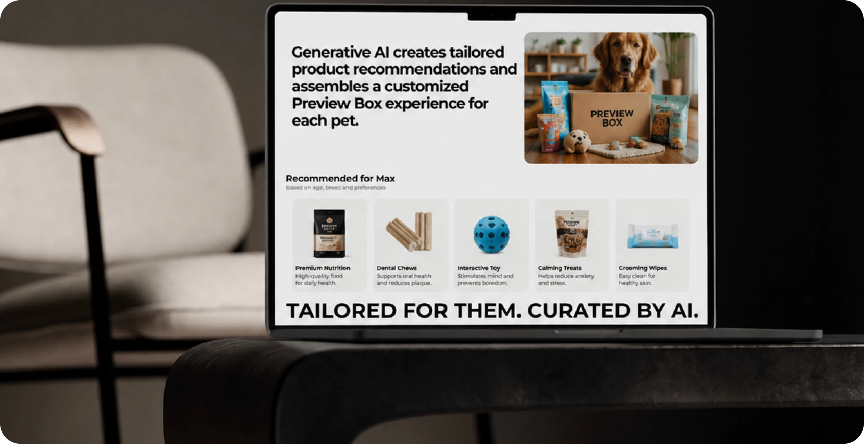 Generative AI assembling a tailored preview box for a dog