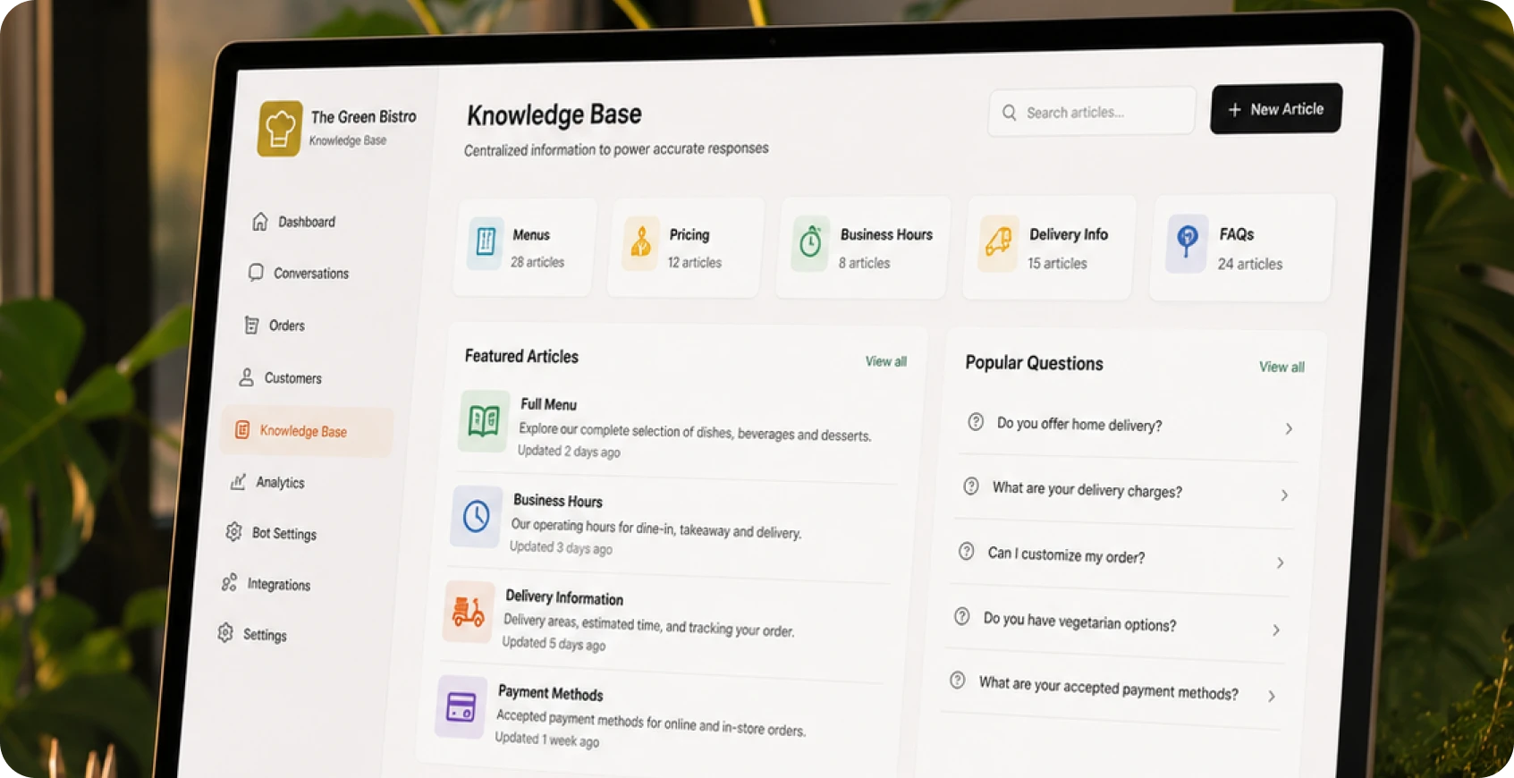 Knowledge base development for restaurant menu and FAQ content