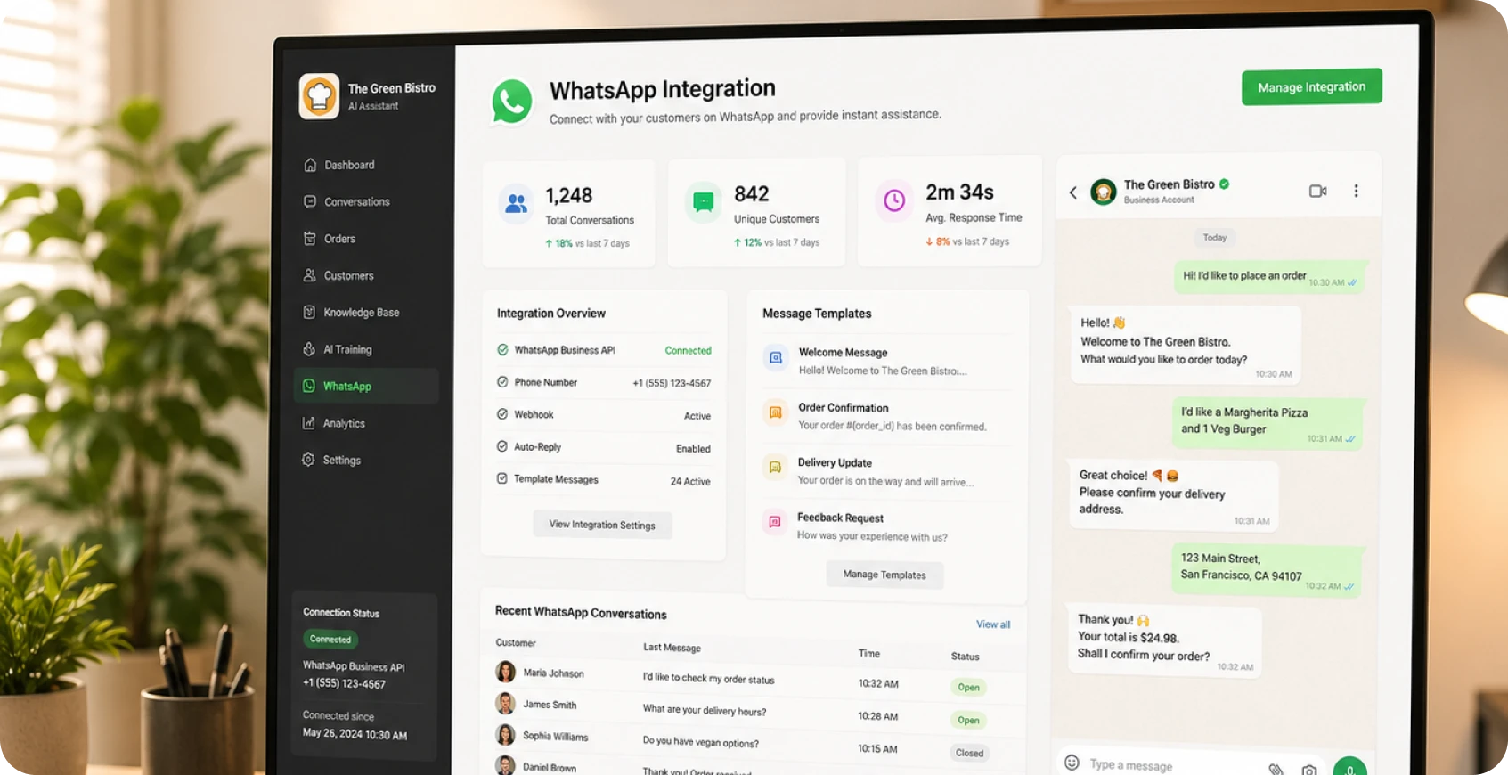WhatsApp Business API integration for real-time restaurant chatbot support